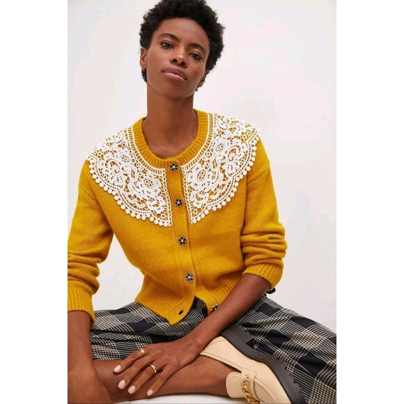 RARE Maeve Anthropologie Yellow Cardigan S Cropped Lace Collar Flower Button - Picture 3 of 13